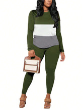 2pcs Women Contrast Stripe Round Neck Fitted Top And Pants Casual Suit For Autumn